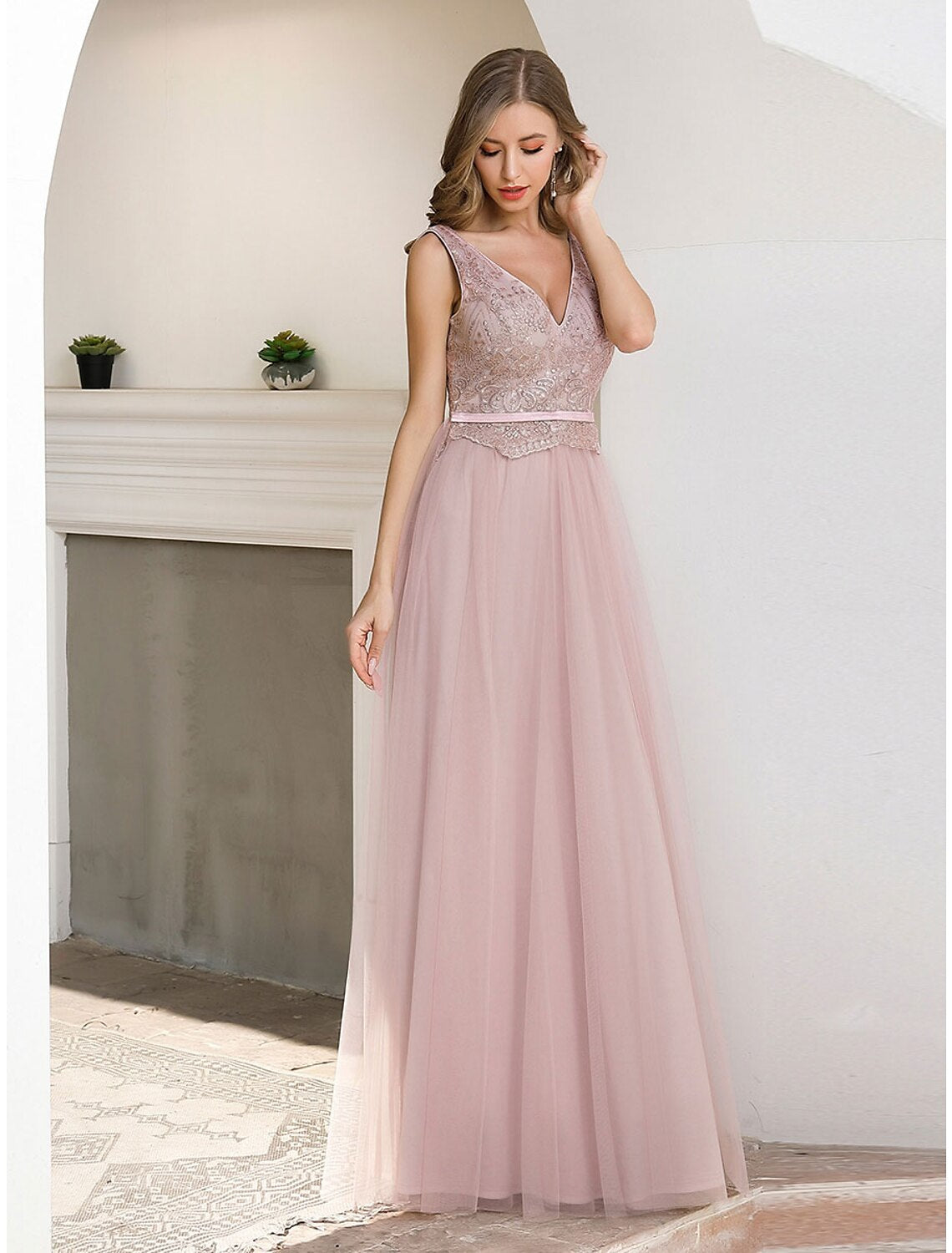 A-Line Evening Gown Elegant Dress Wedding Guest Floor Length Sleeveless V Neck Satin V Back with Sash / Ribbon Sequin