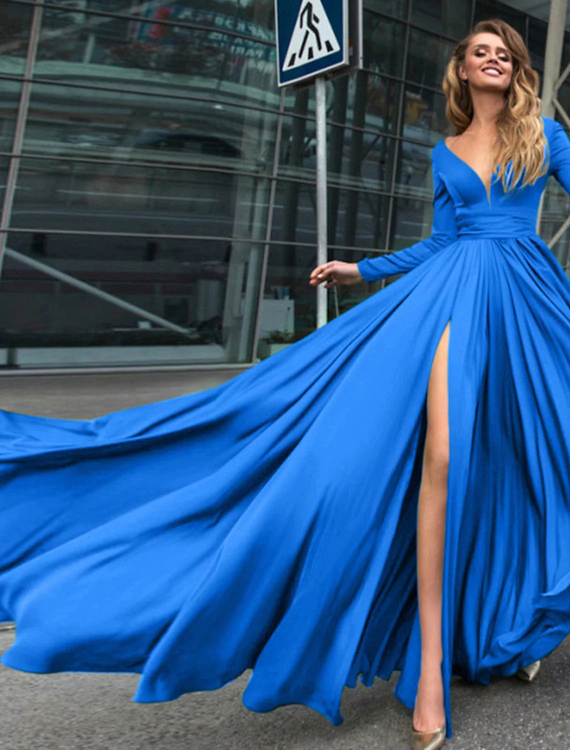 A-Line Evening Gown Empire Dress Holiday Floor Length Long Sleeve V Neck Chiffon V Back with Slit Pure Color