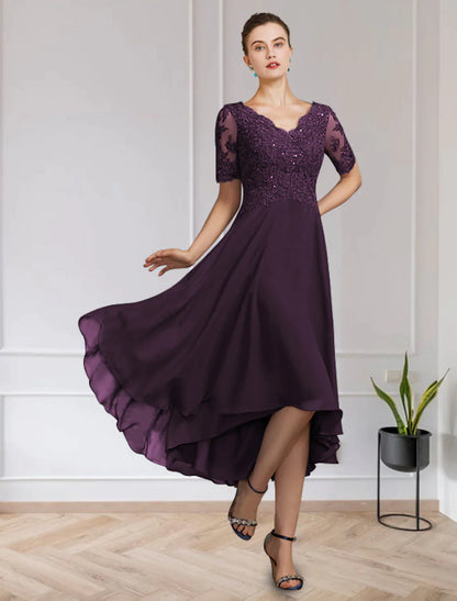 A-Line Mother of the Bride Dress Elegant V Neck Floor Length Chiffon Lace Short Sleeve with Appliques