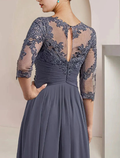 wo Piece A-Line Mother of the Bride Dress Formal Wedding Guest Elegant Scoop Neck Tea Length Chiffon Lace 3/4 Length Sleeve Wrap Included with Appliques Ruching