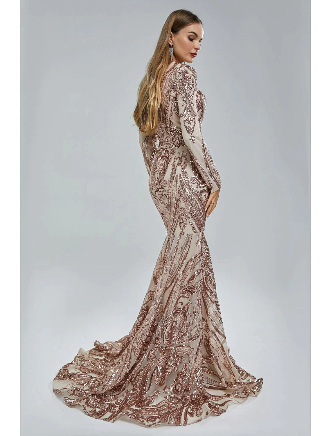 Mermaid / Trumpet Evening Gown Sparkle & Shine Dress Formal Court Train Long Sleeve V Neck African American Lace with Sequin