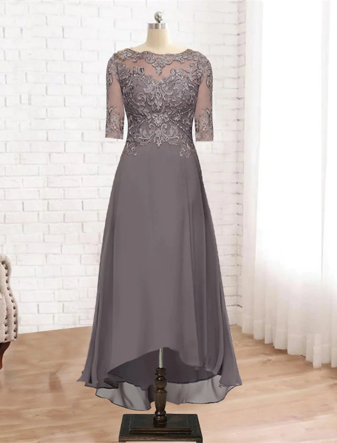 A-Line Mother of the Bride Dress Elegant High Low Jewel Neck Asymmetrical Ankle Length Chiffon Lace Half Sleeve with Pleats Appliques