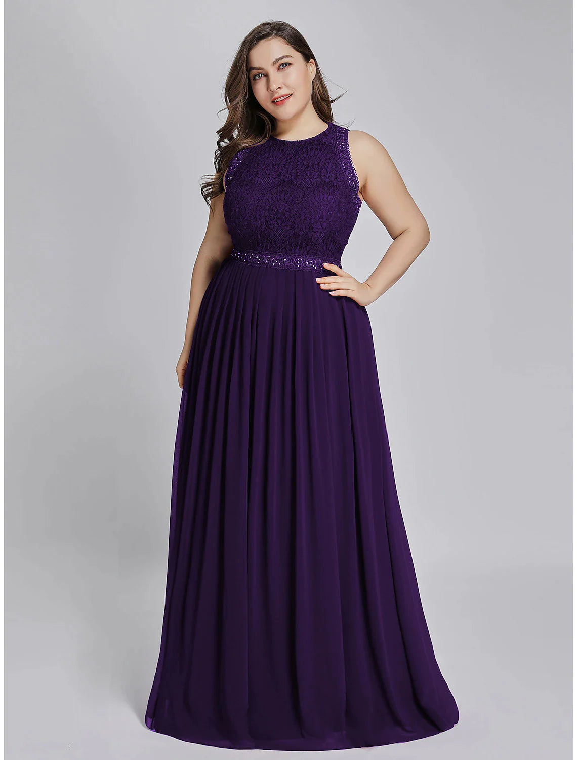 A-Line Prom Dresses Maxi Dress Wedding Guest Floor Length Sleeveless Jewel Neck Chiffon with Pleats Lace Insert