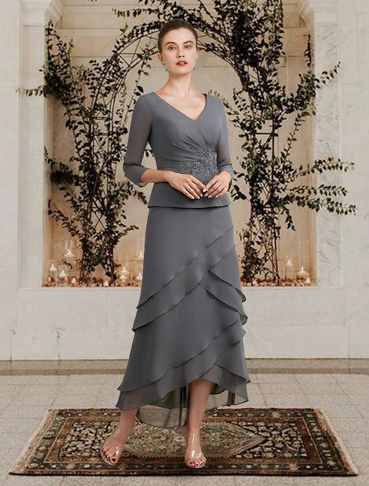 A-Line Mother of the Bride Dress Plus Size Elegant High Low V Neck Asymmetrical Tea Length Chiffon 3/4 Length Sleeve with Appliques Cascading Ruffles Side-Draped