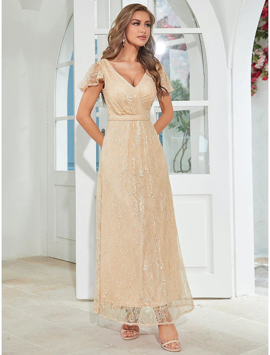 A-Line Wedding Guest Dresses Elegant Dress Party Wear Ankle Length Short Sleeve V Neck Chiffon with Ruffles