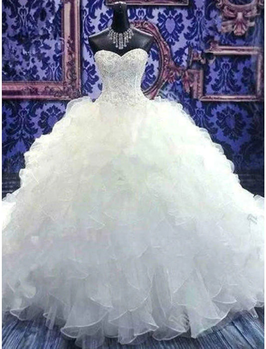 Beach Formal Wedding Dresses Ball Gown Sweetheart Strapless Chapel Train Organza Bridal Gowns With Beading Ruffles