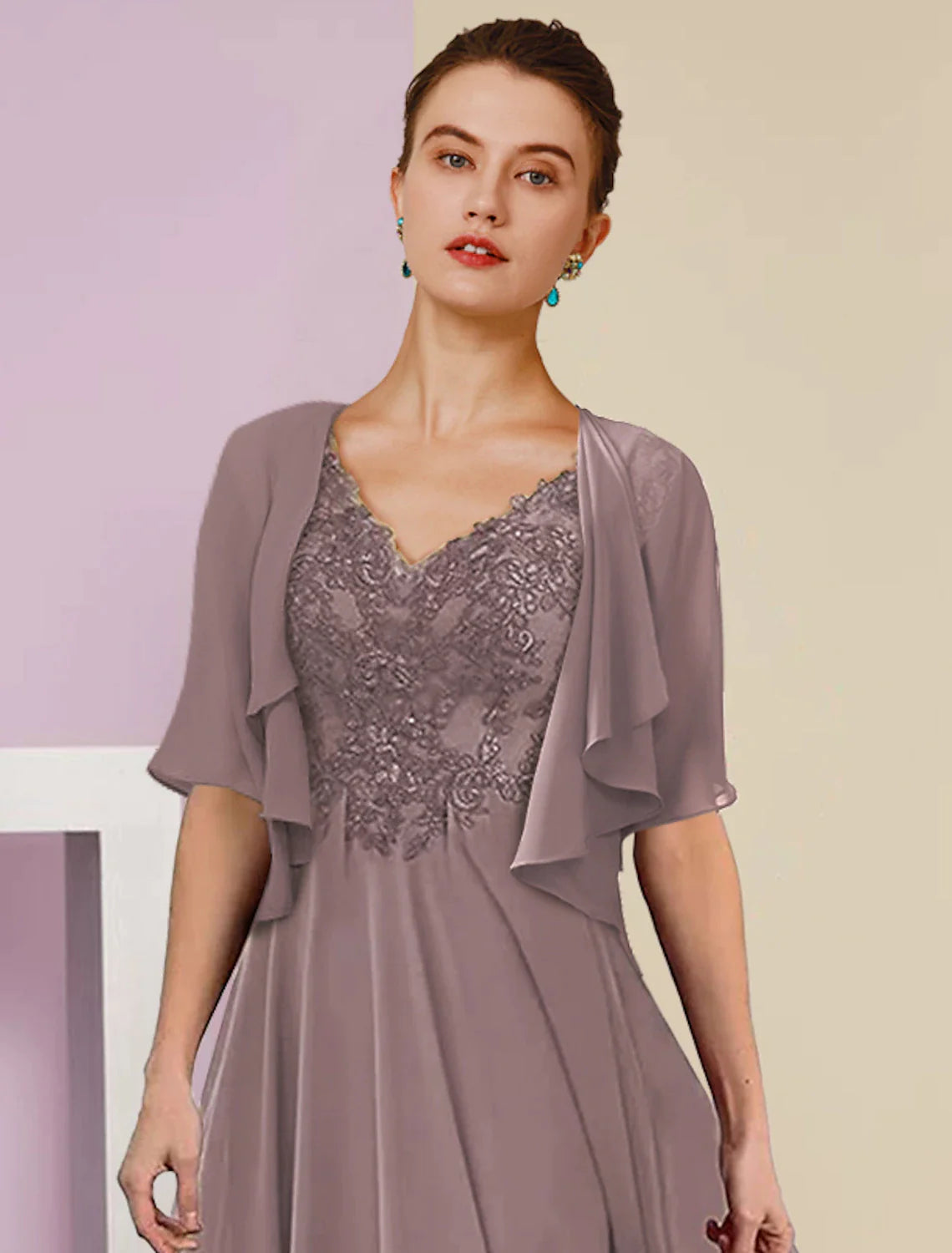 Two Piece A-Line Mother of the Bride Dress Formal Fall Wedding Guest Elegant V Neck Tea Length Lace Short Sleeve Wrap Included with Pleats Appliques