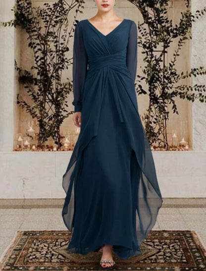 A-Line Mother of the Bride Dress Plus Size Elegant V Neck Floor Length Chiffon Long Sleeve with Ruched Ruffles Side-Draped