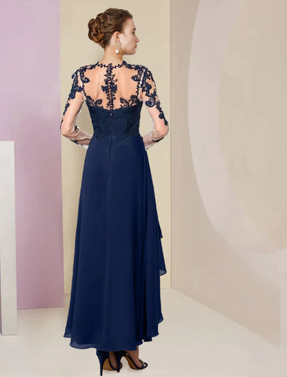 A-Line Mother of the Bride Dress Formal Wedding Guest Elegant High Low Scoop Neck Asymmetrical Tea Length Chiffon Lace 3/4 Length Sleeve with Pleats Appliques