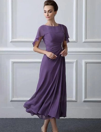 A-Line Mother of the Bride Dress Plus Size Bateau Neck Tea Length Chiffon Short Sleeve with Ruffles Crystal Brooch Ruching