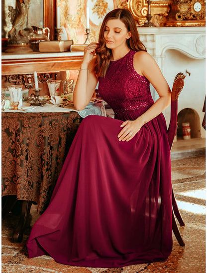 A-Line Prom Dresses Maxi Dress Wedding Guest Floor Length Sleeveless Jewel Neck Chiffon with Pleats Lace Insert