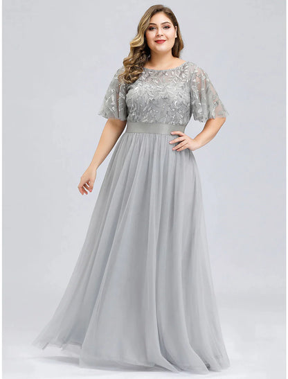 A-Line Prom Dresses Plus Size Dress Wedding Guest Floor Length Short Sleeve Jewel Neck Chiffon with Appliques