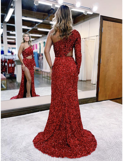 Mermaid / Trumpet Prom Dresses Sparkle & Shine Dress Formal Court Train Long Sleeve One Shoulder Sequined Backless with Sequin Slit