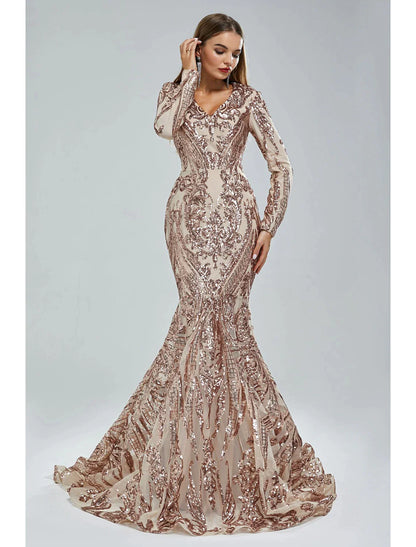 Mermaid / Trumpet Evening Gown Sparkle & Shine Dress Formal Court Train Long Sleeve V Neck African American Lace with Sequin