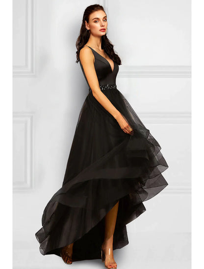 A-Line Cocktail Dresses Elegant Dress Party Wear Asymmetrical Sleeveless V Neck Organza with Rhinestone Ruffles