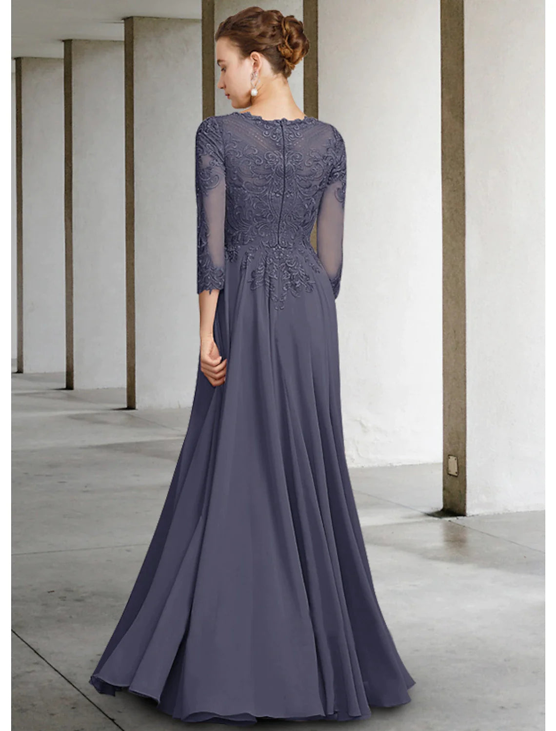 A-Line Mother of the Bride Dress Elegant Jewel Neck Floor Length Chiffon Lace 3/4 Length Sleeve with Pleats Appliques