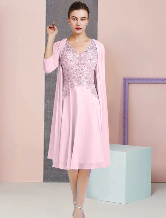 A-Line Mother of the Bride Dress Formal Wedding Guest Vintage Elegant V Neck Knee Length Chiffon Lace 3/4 Length Sleeve Jacket Dresses with Beading Sequin Appliques