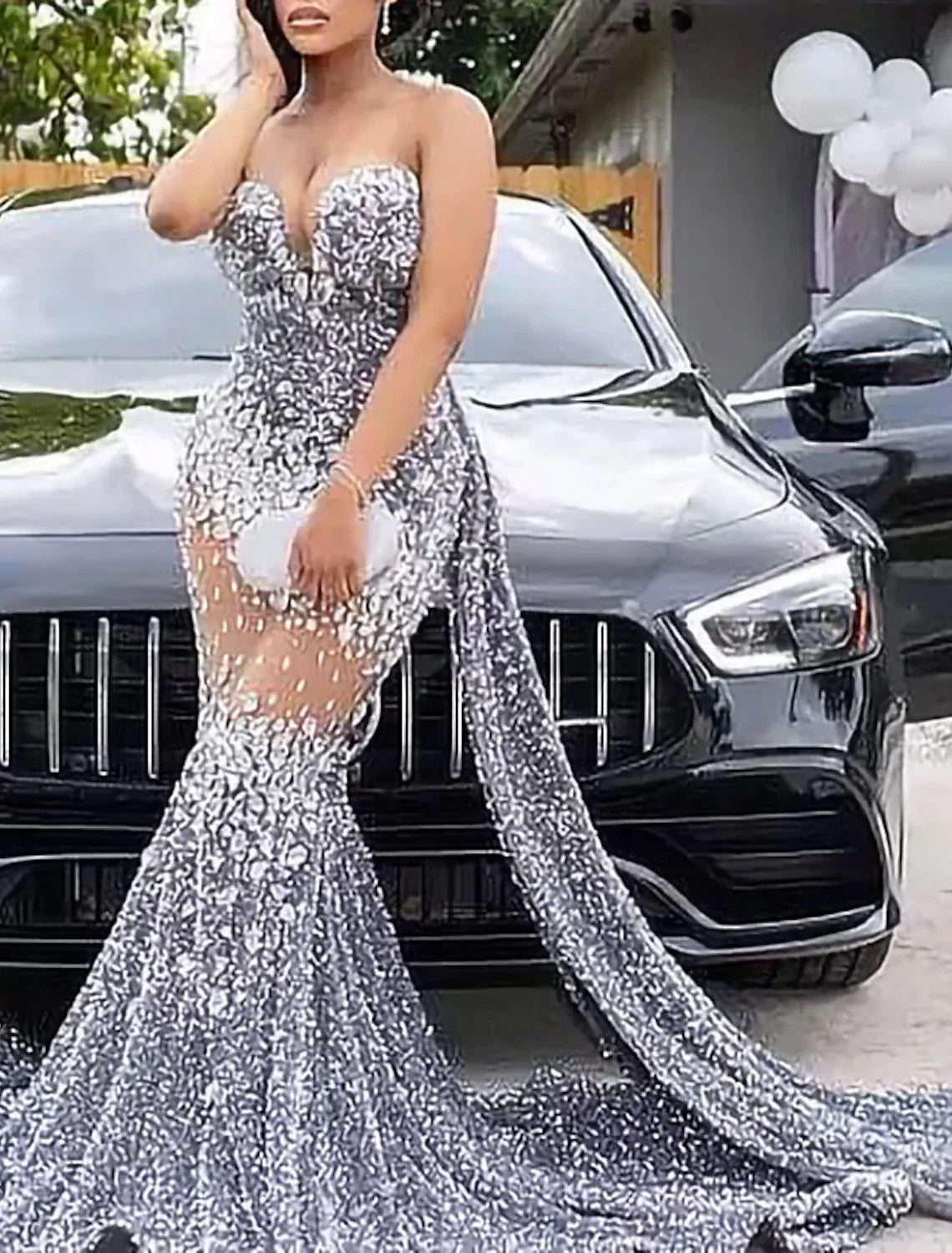 Mermaid / Trumpet Evening Gown Sparkle & Shine Dress Formal Court Train Sleeveless Strapless African American Sequined with Beading Sequin
