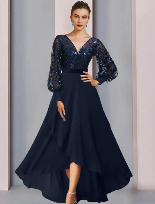 A-Line Mother of the Bride Dress Sparkle & Shine High Low Jewel Neck Asymmetrical Tea Length Chiffon Lace Sequined Long Sleeve with Sequin Appliques