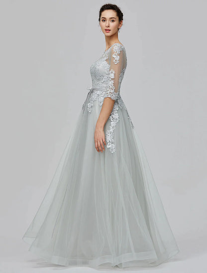 A-Line Empire Dress Wedding Guest Floor Length Half Sleeve Illusion Neck Tulle with Bow(s) Appliques