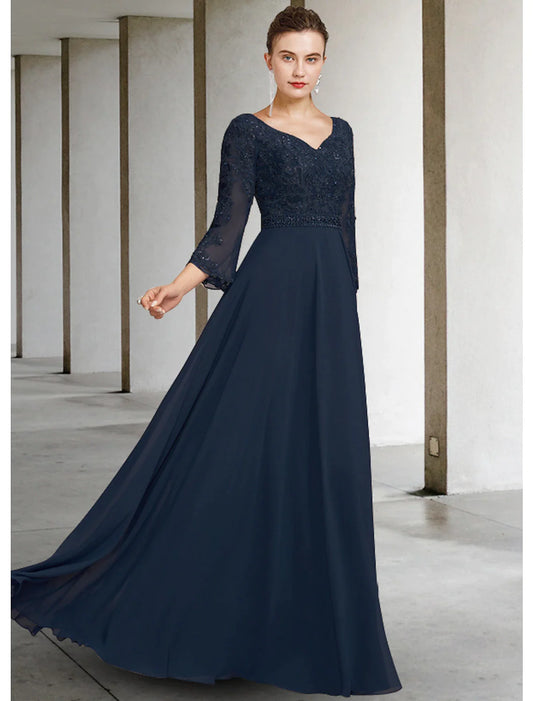 A-Line Mother of the Bride Dress Elegant V Neck Floor Length Chiffon Lace 3/4 Length Sleeve with Appliques