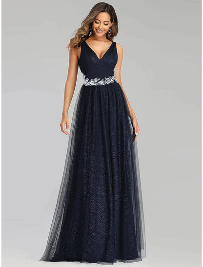 A-Line Prom Dresses Empire Dress Wedding Guest Floor Length Sleeveless V Neck Tulle with Sequin Appliques