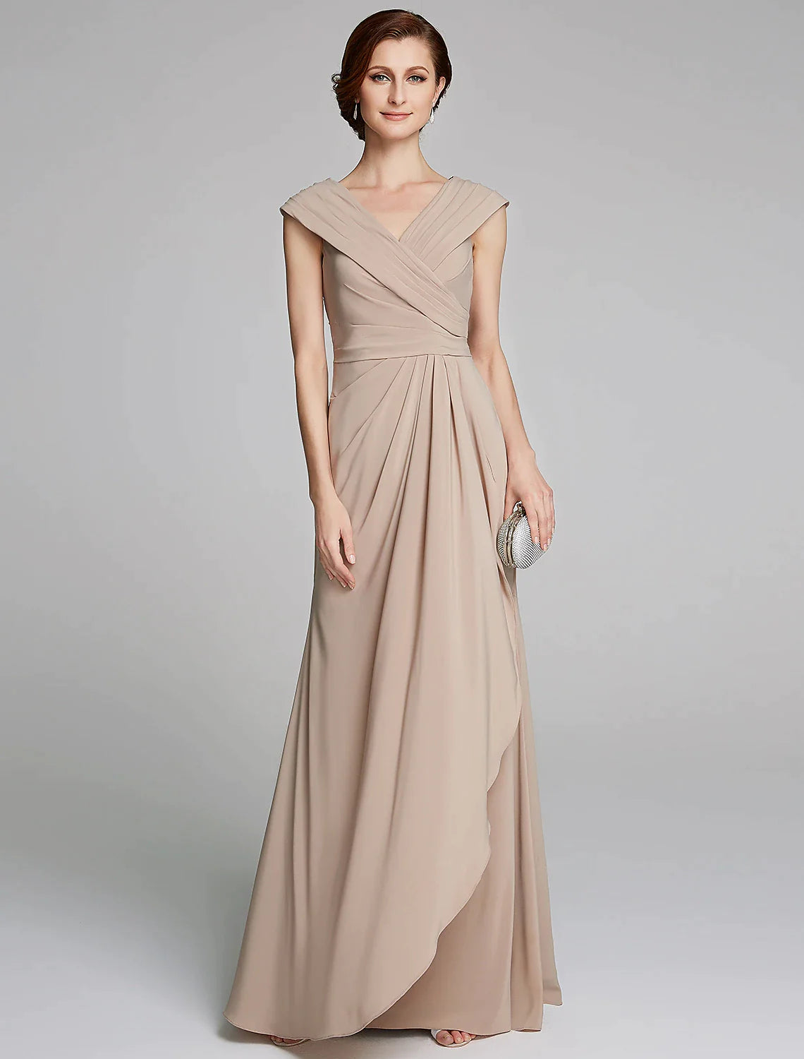 Sheath / Column Mother of the Bride Dress Elegant V Neck Floor Length Jersey Short Sleeve with Pleats