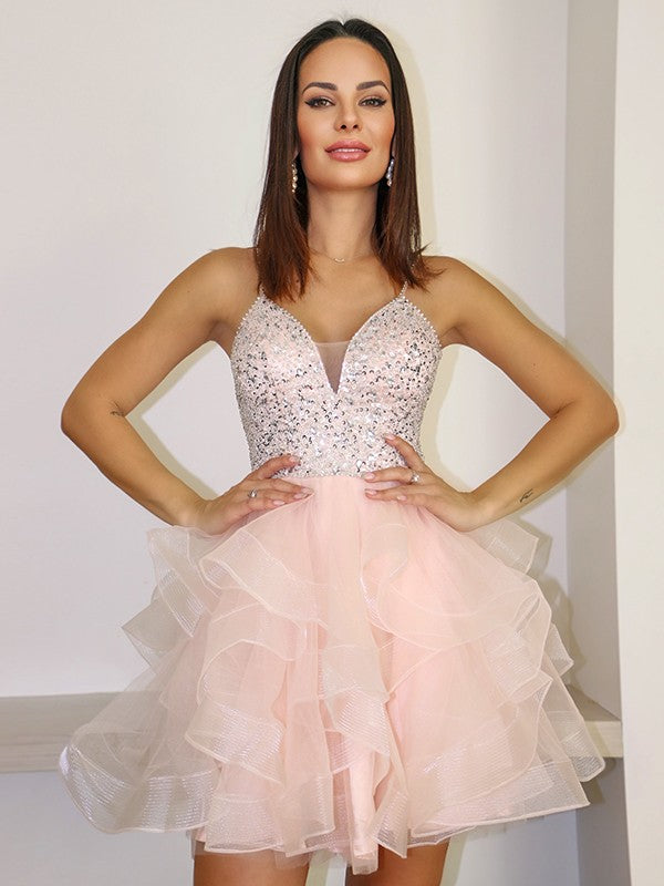 A-Line/Princess Spaghetti Straps Tulle Beading Sleeveless Short/Mini Homecoming Dresses