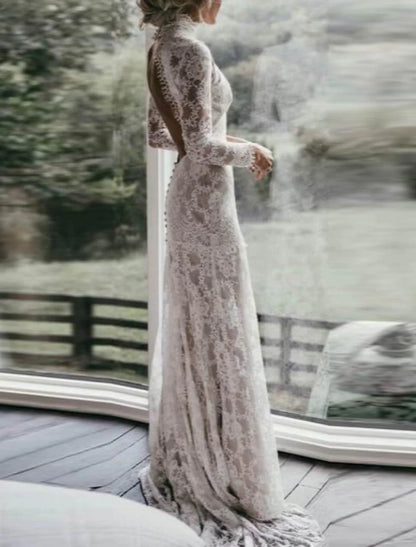 Beach Boho Wedding Dresses Sheath / Column High Neck Long Sleeve Court Train Lace Bridal Gowns With Appliques Solid Color Summer Fall Wedding Party