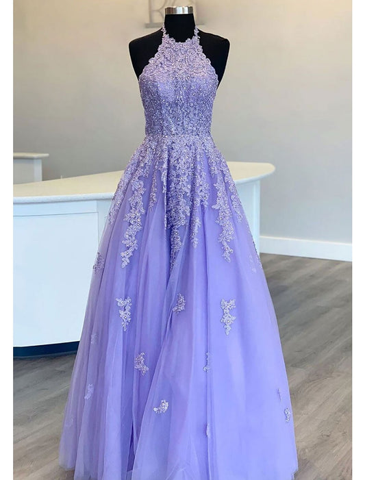 A-Line Prom Dresses Open Back Dress Formal Floor Length Sleeveless High Neck Tulle Backless with Pleats Beading Appliques