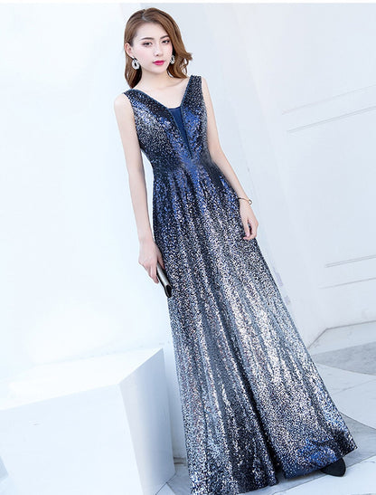 A-Line Minimalist Elegant Party Wear Formal Evening Dress V Neck Sleeveless Floor Length Satin with Sequin