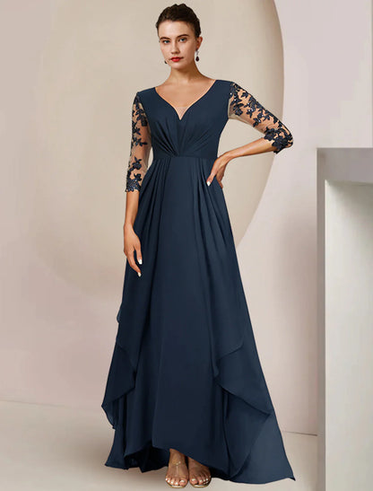 A-Line Mother of the Bride Dress Wedding Guest Elegant High Low V Neck Ankle Length Chiffon Lace 3/4 Length Sleeve with Sequin Appliques