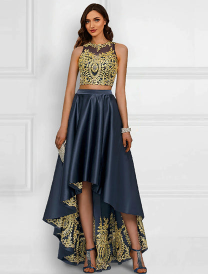 Two Piece Cocktail Dresses Sparkle & Shine Dress Prom Asymmetrical Sleeveless Jewel Neck Charmeuse with Appliques