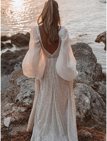 Beach Open Back Boho Wedding Dresses A-Line V Neck Long Sleeve Sweep / Brush Train Sequined Bridal Gowns With Pleats