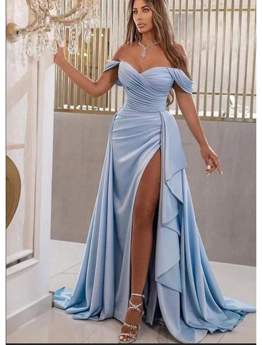 A-Line Prom Dresses High Split Dress Prom Sweep / Brush Train Sleeveless Sweetheart Charmeuse with Slit