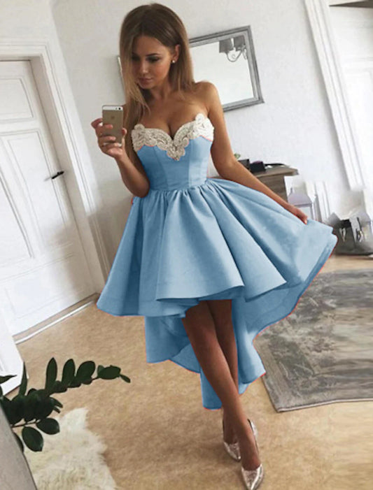 A-Line Cocktail Dresses Minimalist Dress Homecoming Asymmetrical Sleeveless Strapless Satin with Appliques