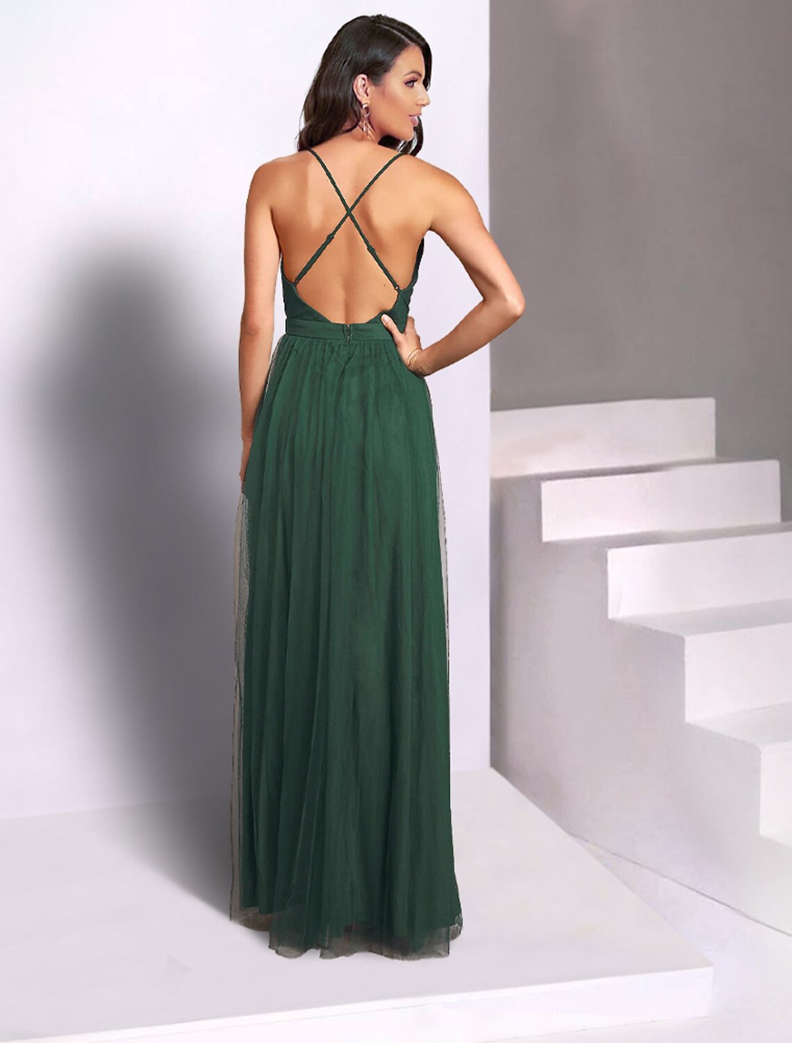 A-Line Wedding Guest Dresses Casual Dress Party Wear Floor Length Sleeveless Spaghetti Strap Tulle with Pleats