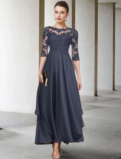 A-Line Mother of the Bride Dress Elegant Jewel Neck Ankle Length Chiffon Lace Short Sleeve with Ruched Appliques