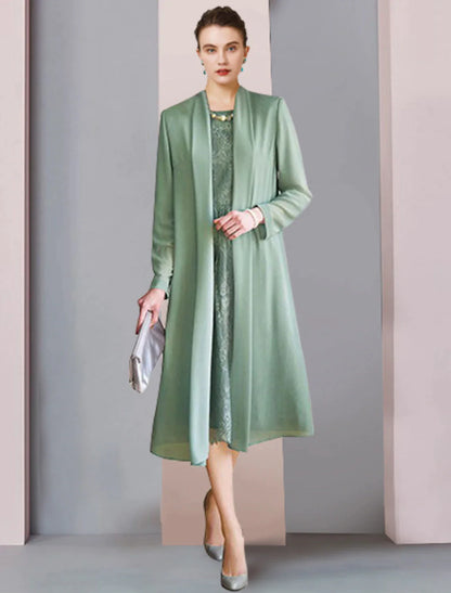 Two Piece Sheath / Column Mother of the Bride Dress Formal Wedding Guest Party Elegant Scoop Neck Tea Length Chiffon Lace 3/4 Length Sleeve Jacket Dresses with Solid Color