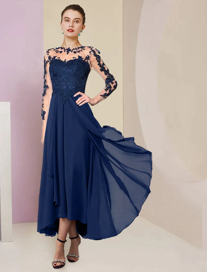 A-Line Mother of the Bride Dress Formal Wedding Guest Elegant High Low Scoop Neck Asymmetrical Tea Length Chiffon Lace 3/4 Length Sleeve with Pleats Appliques