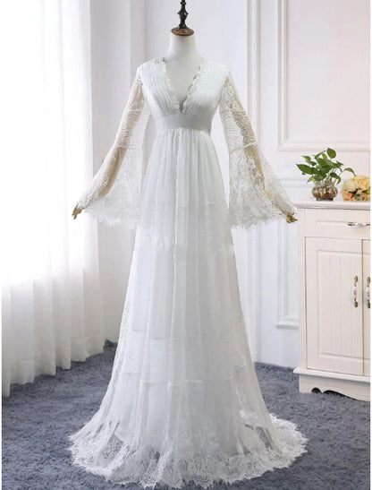 Beach Boho Wedding Dresses A-Line V Neck Long Sleeve Floor Length Lace Bridal Gowns With Lace