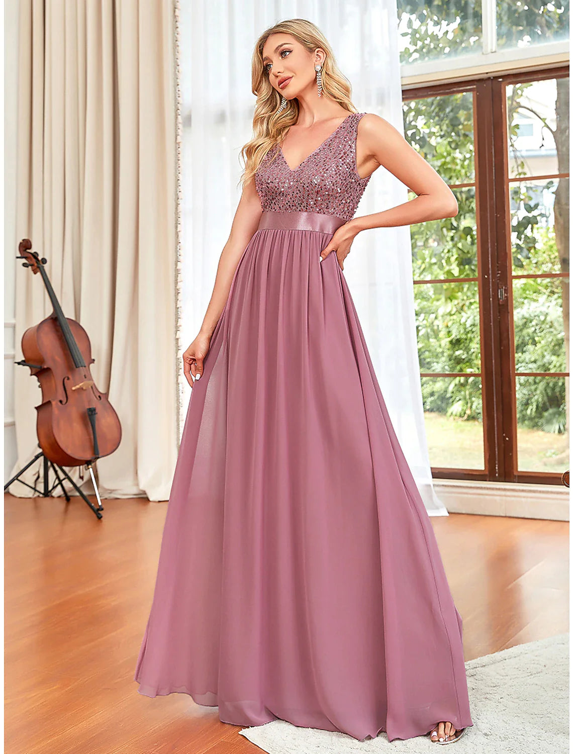 A-Line Prom Dresses Elegant Dress Wedding Guest Floor Length Sleeveless V Neck Chiffon V Back with Draping