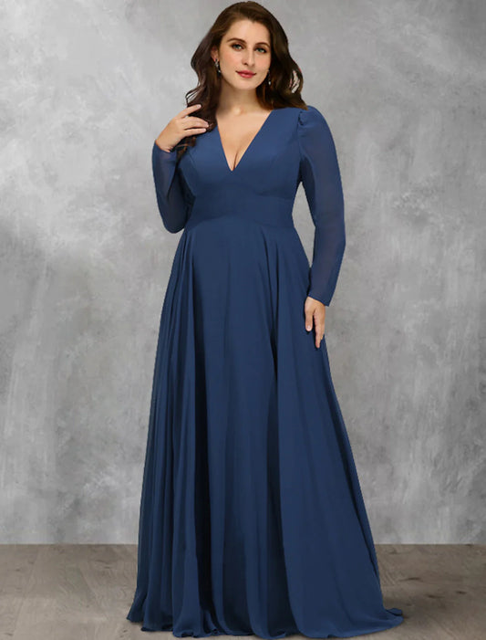 A-Line Plus Size Curve Mother of the Bride Dresses Vintage Dress Formal Floor Length Long Sleeve V Neck Chiffon with Pleats Ruffles