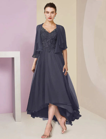 Two Piece A-Line Mother of the Bride Dress Formal Wedding Guest Elegant High Low V Neck Asymmetrical Tea Length Chiffon Lace Short Sleeve Wrap Included with Appliques