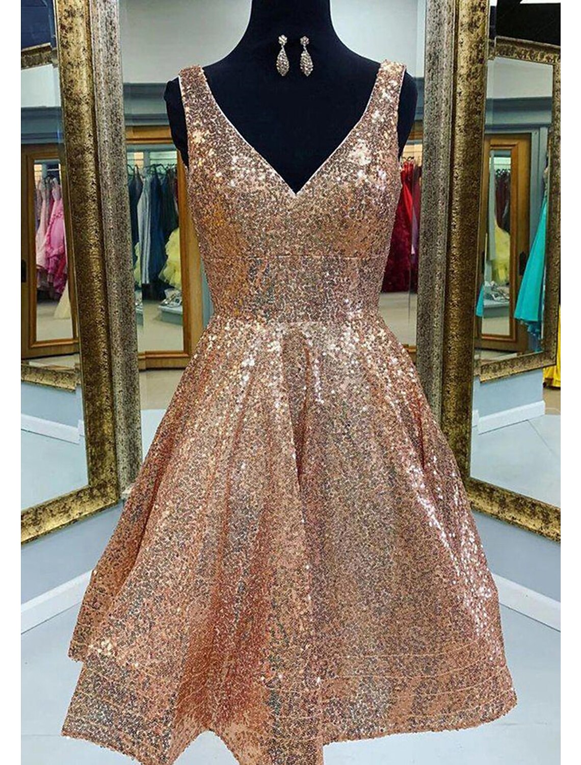 A-Line Homecoming Dresses Sparkle & Shine Dress Party Wear Tea Length Sleeveless V Neck Sequined with Sequin