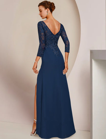 A-Line Mother of the Bride Dress Elegant Scoop Neck Floor Length Chiffon Lace 3/4 Length Sleeve with Appliques Split Front