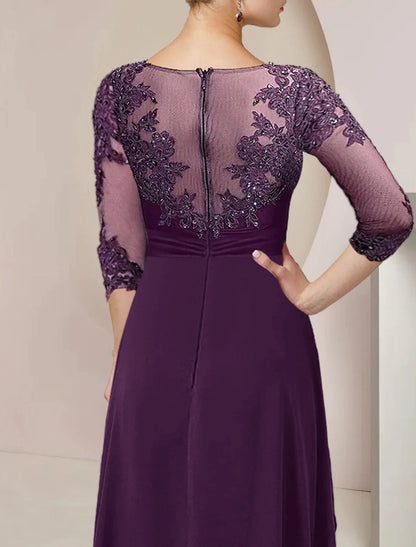 A-Line Mother of the Bride Dress Formal Wedding Guest Elegant High Low Scoop Neck Asymmetrical Floor Length Chiffon Lace 3/4 Length Sleeve with Beading Sequin Appliques