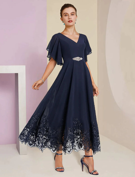 A-Line Mother of the Bride Dress Formal Wedding Guest Elegant V Neck Tea Length Chiffon Lace Short Sleeve with Appliques Crystal Brooch