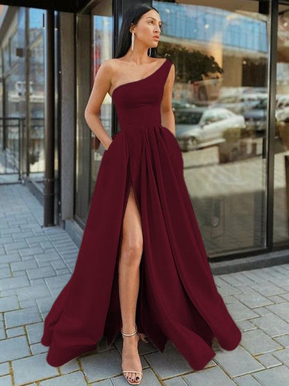 A-Line/Princess Satin Ruffles One-Shoulder Sleeveless Floor-Length Dresses
