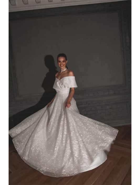 Hall Sparkle & Shine Casual Wedding Dresses A-Line Off Shoulder Cap Sleeve Sweep / Brush Train Sequined Bridal Gowns With